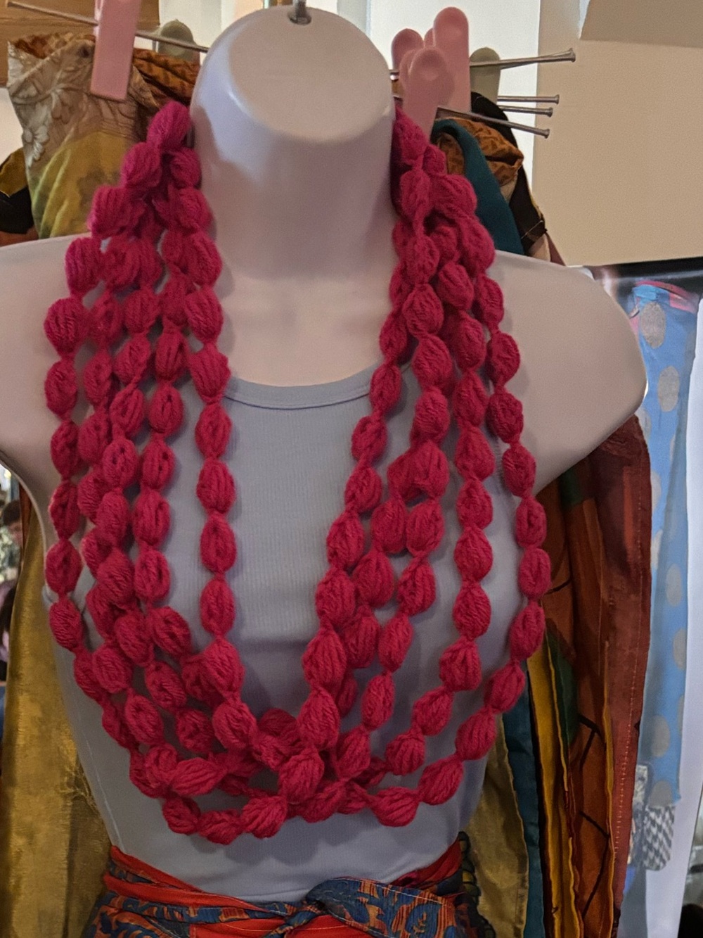 Handcrafted Multi-Strand Braided Necklace in Fushia. Handmade crochet